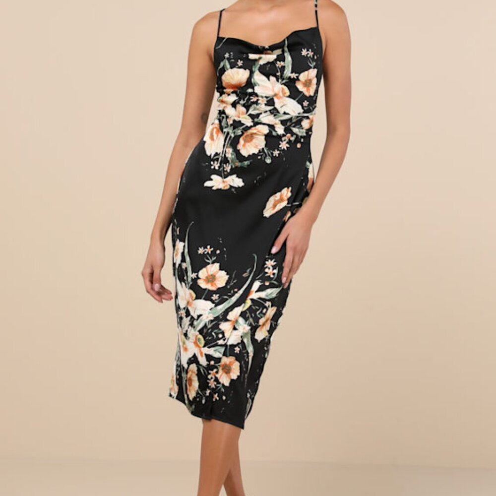 NWT Lulus Sunny Blossom Black Floral Print Satin Cowl Neck Midi Dress - Size M